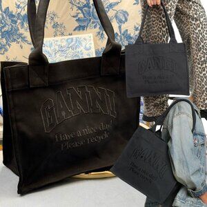 🆕 GANNI 🧿 NWOT Large Easy Shopper Tote Bag, Black Canvas & Black Embroidery